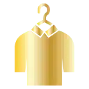 Gold embroidered shirt hanging on a hanger. Crowned Stitches custom embroidery.