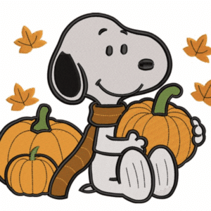 Snoopy embroidery with pumpkins and fall leaves. Crowned Stitches custom embroidery.