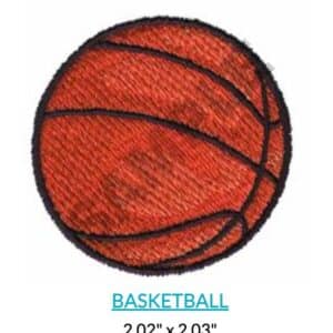 Embroidered basketball patch with black lines on orange background. Text: Basketball 2.02" x 2.03