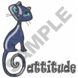 Cat with attitude embroidery design, featuring a stylized blue cat and the word "Cattitude.