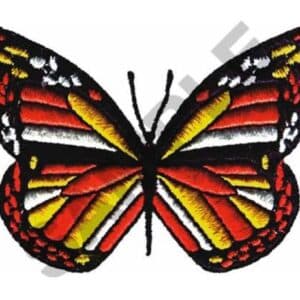 Colorful embroidered butterfly patch with red, yellow, and white details on black background.