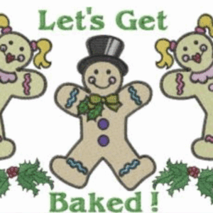 Gingerbread people with holly, text "Let's Get Baked!" Festive holiday baking scene.