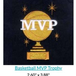 Embroidered basketball MVP trophy design with stars. Text: MVP