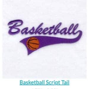Basketball script tail embroidery design with purple lettering and an orange basketball.