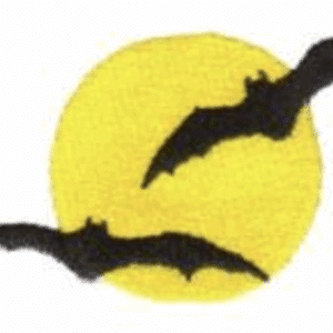 Bats flying in front of a yellow moon, suitable for Crowned Stitches embroidery.