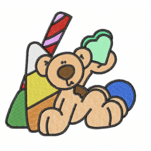 Embroidery design of a teddy bear with a heart and colorful geometric shapes. Crowned Stitches custom embroidery.