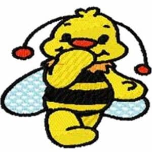Cartoon bee with black stripes, yellow body, and cute antennae.