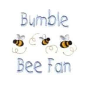 Bumble Bee Fan image with three cartoon bees flying around text.