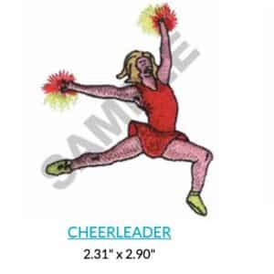 Cheerleader jumping with red and yellow pom-poms. Cheerleader embroidery design.