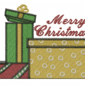 Stack of festive Christmas gifts with "Merry Christmas" text overlay.