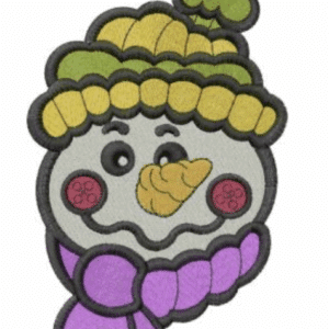 Cartoon snowman with green and yellow hat and purple scarf.