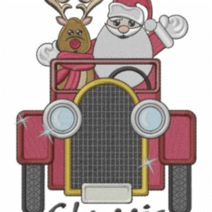 Santa and reindeer in a classic car, "Classic Christmas" text below.