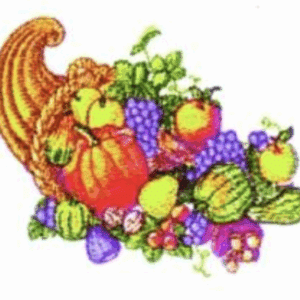 Cornucopia overflowing with autumn harvest fruits and vegetables for Thanksgiving.