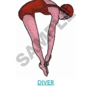Diver in red swimsuit poised for dive. Text: "Diver", dimensions 2.08" x 2.99".