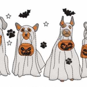 Embroidery art of dogs in ghost costumes with pumpkin pails for Halloween.