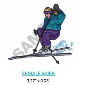 Embroidery design of a female skier in action, with skis and poles, ready for the slopes.