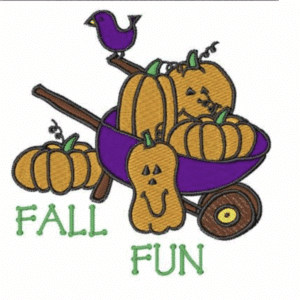Wheelbarrow filled with pumpkins, fall fun, and a purple bird. Fall Fun text.