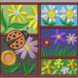 Colorful embroidered quilt square featuring flowers and a ladybug