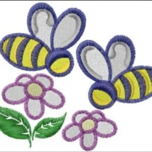 Embroidery of two bees, flowers, and leaves. Cute, colorful design for crafts or children's projects.