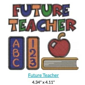 Future Teacher embroidery design with ABC blocks, 123 blocks, and an apple on a book.