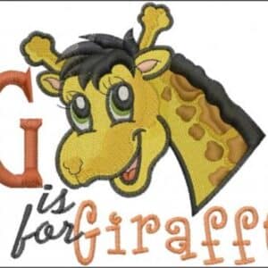 Cartoon giraffe with the text "G is for giraffe." Educational image for children.