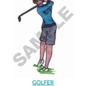 Golfer swinging club, embroidery design. Text: "GOLFER", size 1.72" x 3.38".