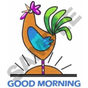 Colorful rooster crowing "Good Morning" on a sunrise background.