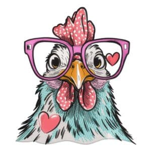Cartoon chicken with pink glasses and hearts, whimsical and cute.