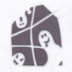 Halloween haunted house puzzle featuring ghost and jack-o'-lantern shapes.