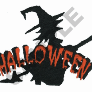 Halloween witch silhouette flying on a broom with "Halloween" text overlay.