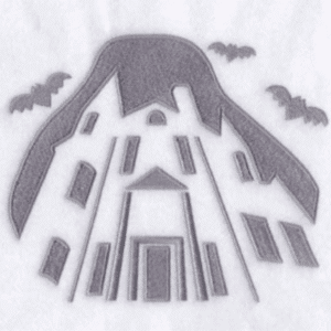 Stylized haunted house with bats, evoking a spooky Halloween atmosphere.