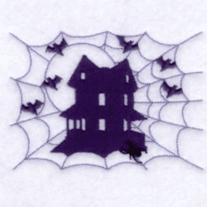 Haunted house silhouette in a spiderweb with bats, Halloween theme.