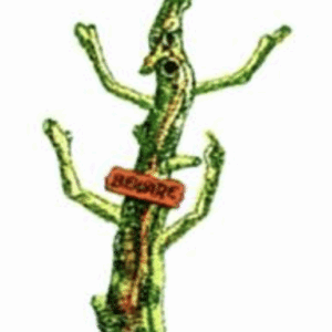 Cartoon of a green, twig-like monster holding a "Beware" sign.