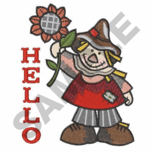 Cute scarecrow holding a sunflower with the text "Hello.