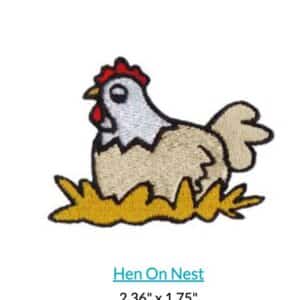 Embroidered hen on nest patch. Chicken sitting on a yellow straw nest with red comb and wattle.