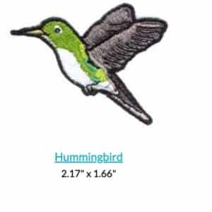 Embroidered hummingbird patch with green, white, and gray details. Dimensions: 2.17" x 1.66
