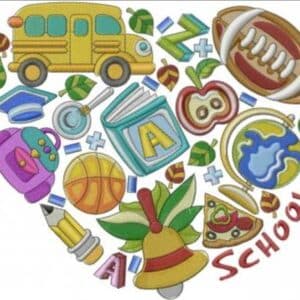 Heart shape filled with school-themed icons: bus, book, globe, ball, bell, and the text "School