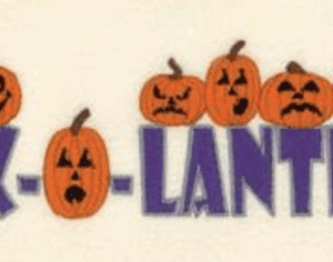 Jack-o'-lanterns spelling out "Jack-o'-lanterns" with various carved faces. Halloween decoration.