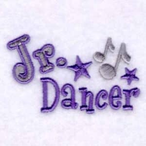 Embroidered "Jr. Dancer" design with stars and music notes, perfect for young dancers.