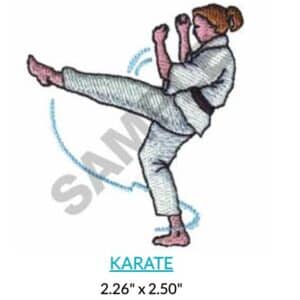 Karate girl in white uniform performing a side kick. Text: KARATE 2.26" x 2.50