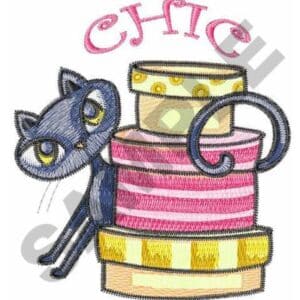 Whimsical cat illustration with gift boxes and the word "Chic" in pink script.