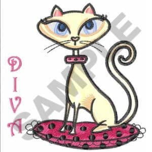 Cartoon diva cat with blue eyes sitting on a pink polka dot cushion.