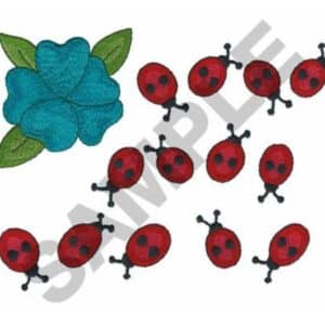 Ladybugs and a blue flower embroidery design.