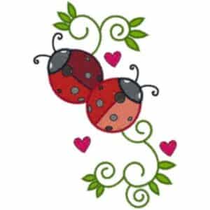 Two cute ladybugs with hearts and leafy green vines