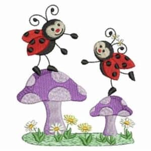 Cute ladybugs on purple mushrooms with white polka dots, surrounded by daisies.