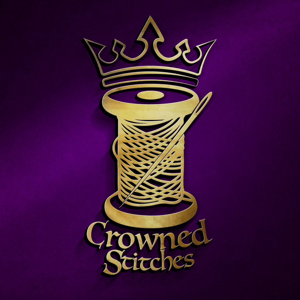 Crowned Stitches embroidery logo: a gold crown atop a thread spool with needle, on a purple background.