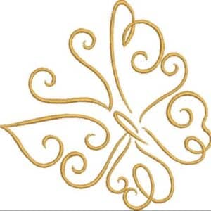 Gold line art butterfly design with elegant swirls and curls.