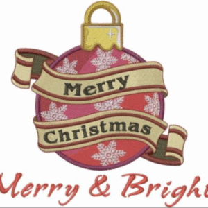 Merry Christmas ornament with "Merry Christmas" banner and "Merry & Bright" text.