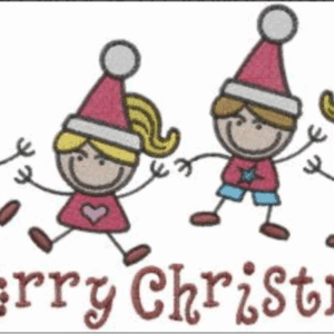 Festive "Merry Christmas" embroidery with cartoon kids in Santa hats and star/heart shirts.