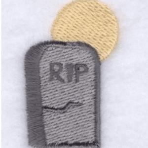 RIP tombstone with a moon behind it.